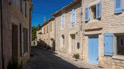 Sunlit Stone Village Street with Blue Shutters
