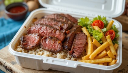 Sizzling grilled steak takeout restaurant food photography casual dining close-up culinary delight