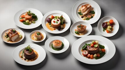 A collection gourmet seafood meat dishes artfully arranged white plates, showcasing a refined culinary experience.