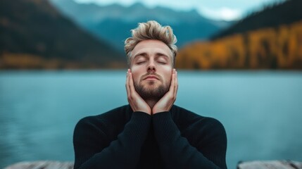 Fototapeta premium Young man in black sweater contemplating by a lake in autumn