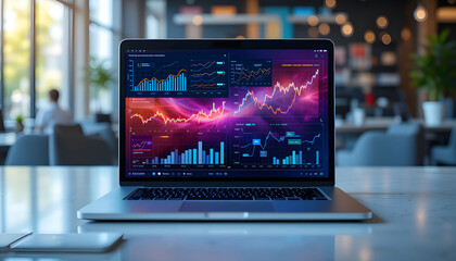 A laptop on the table displaying data visualizations and charts on its screen, set against a blurred background 