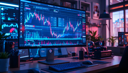 Digital workspace with financial grephs on a monitor, realistle and vibrant tones,The image evokes a sense of upward momentum and success in the financial