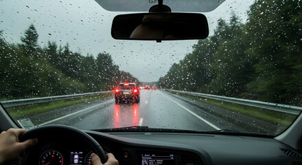 POV shot from inside a modern car, driver gripping the steering wheel while traveling down a rainy highway.