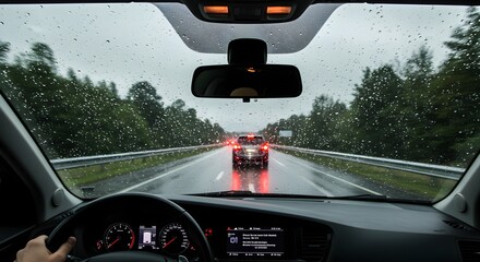 POV shot from inside a modern car, driver gripping the steering wheel while traveling down a rainy highway.