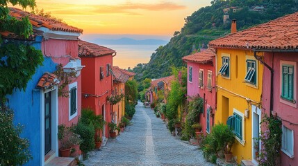 Fototapeta premium Colorful hillside street at sunrise, Mediterranean village, sea view. Possible use travel brochure