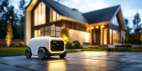 Fototapeta premium Delivery Robot with Packages Near Modern House at Twilight