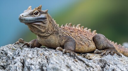 Fototapeta premium Prehistoric looking tuatara basking on a rocky island in New Zealand its scaly body absorbing the warmth of the sun