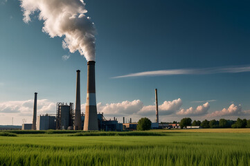 Industrial factory with a tall smokestack emitting white smoke, set against a vibrant blue sky and surrounded by a lush green barley field,Sugar cane growing in a field in front of a sugar mill. 