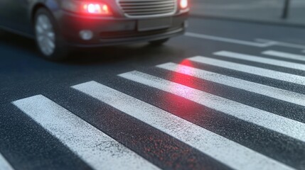 A Car Approaching a Crosswalk With Its Headlights Illuminated