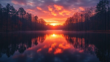 Fiery sunrise reflected in misty forest lake