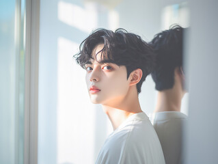 黒髪のイケメンが振り返る。白いTシャツを着て日差しを浴びる