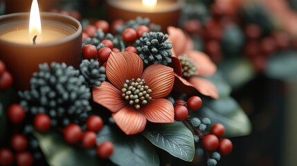 Fototapeta premium Decorative candle ring with autumnal flowers and berries