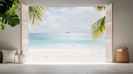 A tranquil beach view through open doors, showcasing serene ocean waves and lush palm trees, evoking a sense of relaxation and escape. © kazitafahnizeer