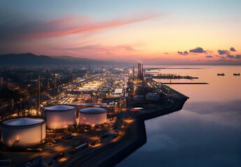 Fototapeta premium Aerial View of Industrial Port with Storage Tanks and Sunset Sky in a Cityscape Landscape and Harbor Area With Water and Structures In Metropolitan Area With Transportation