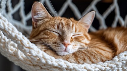 Peaceful ginger cat naps soundly in a cozy hammock