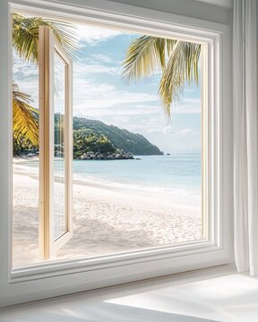 Fototapeta A serene view of a tropical beach seen through an open window, inviting tranquility and peaceful retreat.