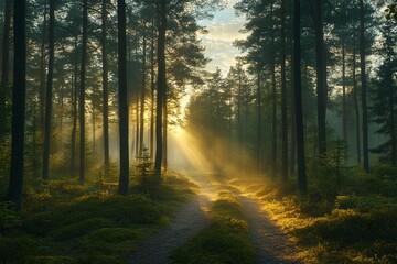 Obraz premium Sunlight breaking through trees onto a forest pathway