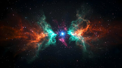 Cosmic Nebula Displaying Orange Green and Purple Hues Surrounding a Bright Starry Center in a Dark Space Background