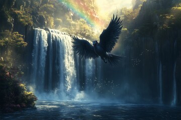 Fantasy Bird by Waterfall
