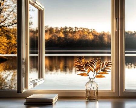 A cozy view from a window showcasing a tranquil lake and autumn leaves, perfect for relaxation and nature appreciation.