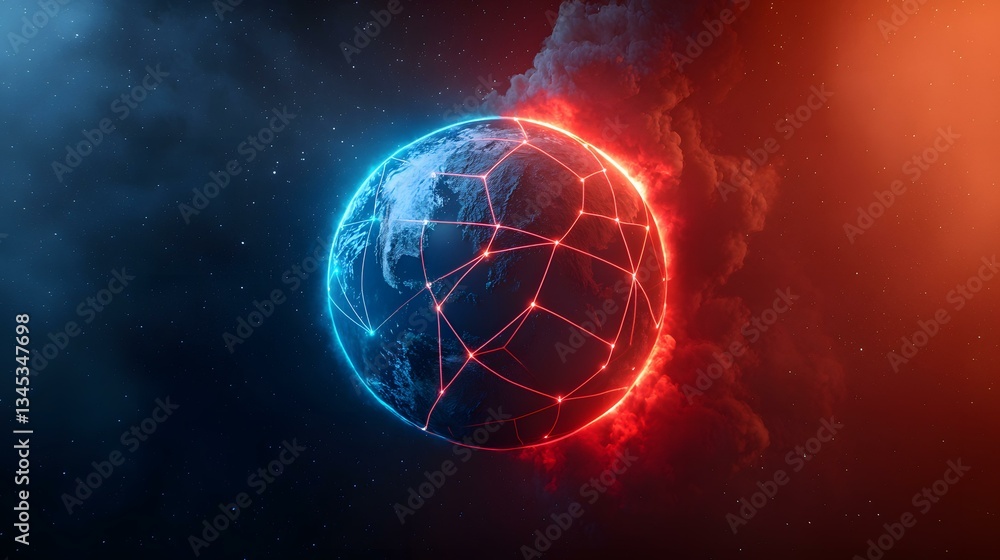 Poster the image shows a digitally rendered earth enveloped in a fiery red and cool blue nebula, with glowi