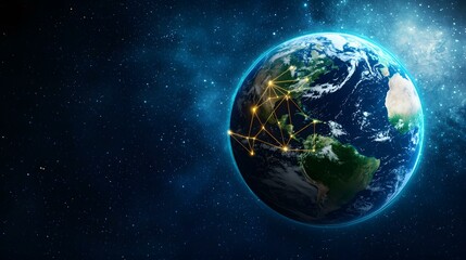 The image shows a detailed rendering of planet Earth set against a backdrop of stars, with a network of glowing lines connecting various points across the Americas.A medium description sentence:  A d