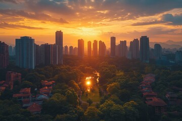 Obraz premium City park sunset, aerial view with river reflection and skyline