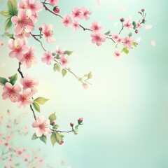 Fototapeta premium Blooming cherry blossom branches cascade down on a light backdrop
