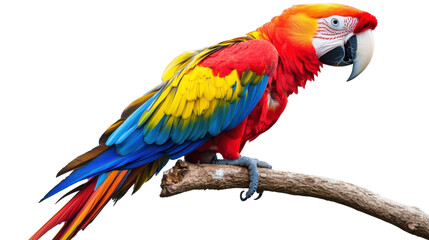 Colorful scarlet macaw perching on a branch with transparent background