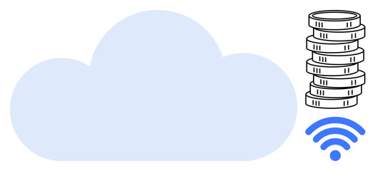 Large cloud, coin stack, and wireless signal representing cloud computing, digital finance, and internet connectivity. Ideal for technology, finance, networking, data storage online services remote