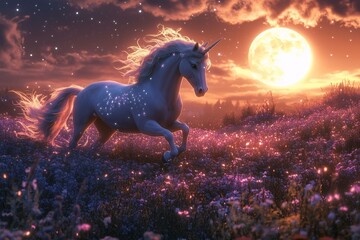 Unicorn in Moonlit Meadow