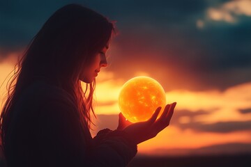Woman Holding a Glowing Sun at Sunset