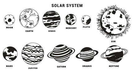 Solar system outline clipart set. Outer space planets drawing like sun, moon, earth, jupiter, saturn and mars silhouette collection for elementary educational learning solar system chart vector  © AmazeinDesign
