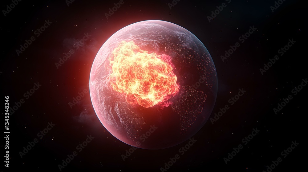 Poster a planet is shown in space with a massive fiery explosion erupting from its surface.