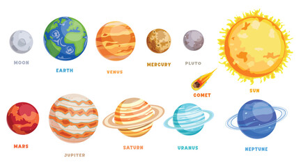 Planets solar system clipart set. Collection of outer space planets, moon, sun and comet clip art collection for elementary planetary astronomy infographic vector illustration.  © AmazeinDesign