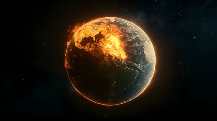 The image shows a digital rendering of planet Earth engulfed in flames, primarily concentrated over North and South America, set against a backdrop of space.