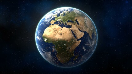 A detailed rendering of planet Earth, viewed from space, showcasing the continents, oceans, and city lights at night against a backdrop of stars.