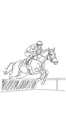 Fototapeta premium Equestrian sport show competition concept. Minimalist continuous one line drawing of horse and jockey during horse racing illustration. Modern continuous line draw design, 