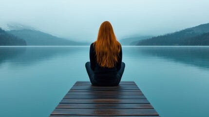 Fototapeta premium Person sitting on wooden dock overlooking calm blue water with misty forested mountains in the background