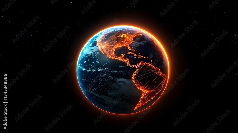 Poster the image shows a digital rendering of planet earth, centered on the americas, with a glowing orange