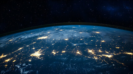Obraz premium Earth from space with city lights at night under a starry sky a blue planet with a visible horizon line depicting technological advancement