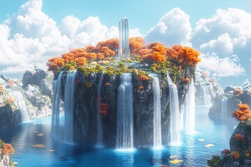 Floating Island with Waterfalls and Tower