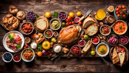 A roasted chicken an array seasonal dishes arranged a rustic wooden table a festive autumnal meal.