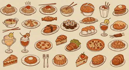 A vibrant world food menu showcasing delightful pastries, savory pizzas, and exotic sushi, all rendered in a nostalgic hand-drawn style with warm earthy tones.