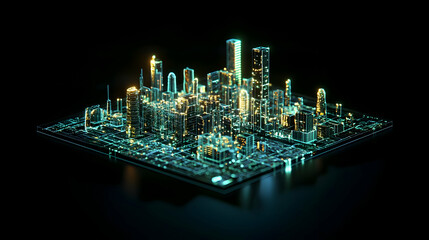Isometric Pixelated City View With Glowing Green And Gold Lights Displaying Modern Urban Architecture On A Dark Background
