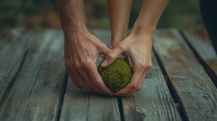 Hands holding a moss sphere on a wooden surface