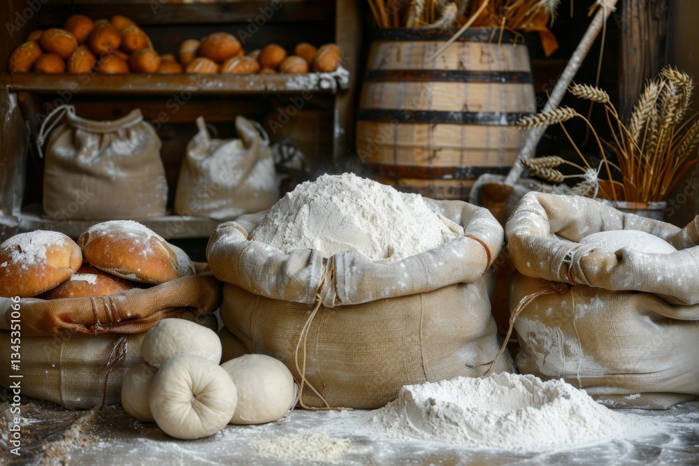 Aufkleber Explore the art of bread making with flour sacks and dough in a traditional setting filled with warm bakery aromas Generative AI