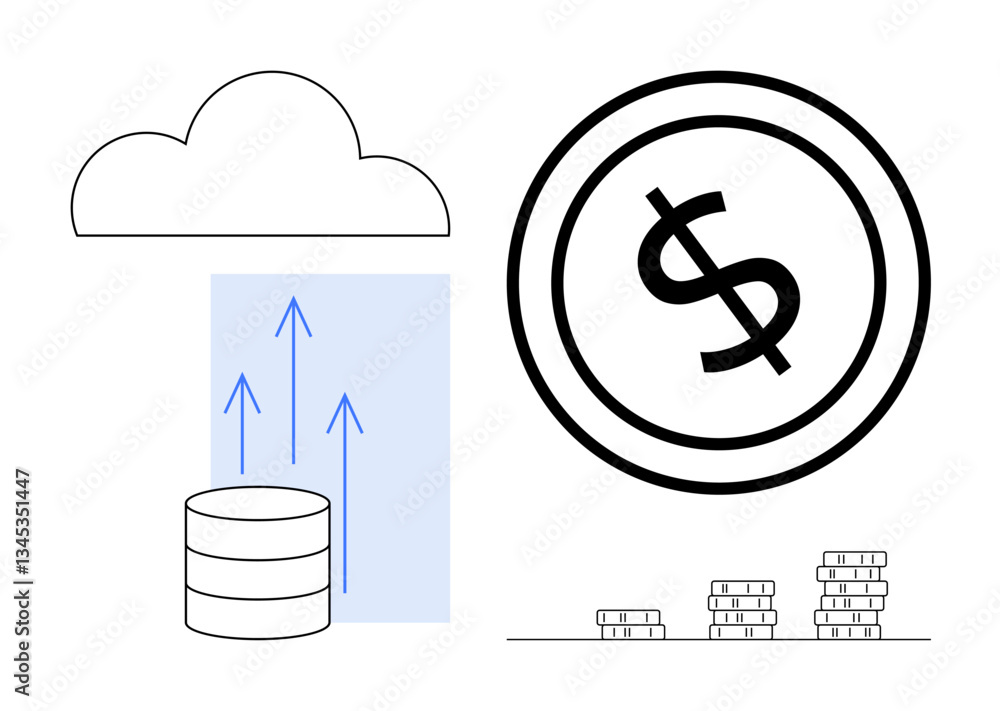 Poster cloud above database with arrows signaling data flow, large dollar sign, stacked coins. ideal for fi
