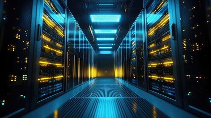A futuristic data center corridor with glowing blue and yellow lights symbolizes advanced computing, cybersecurity, and cloud technology. Ideal for AI, big data, and digital transformation themes