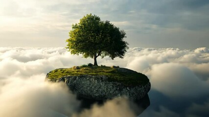 Isolated tree floating on a small island, surrounded by misty clouds, surreal and peaceful, whimsical and magical, soft natural light - Powered by Adobe